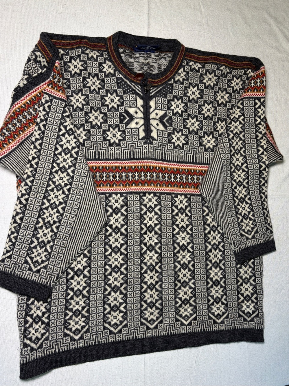 Skjæveland of Norway Wool Nordic Pattern Crewneck Quarter Zip Sweater, est XL